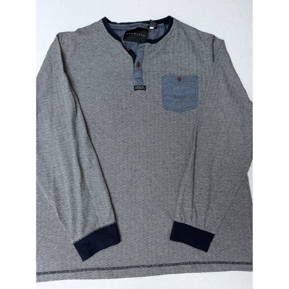 Sean John Mens 2XL Long Sleeve Henley Shirt Navy Herringbone Pocket Tee